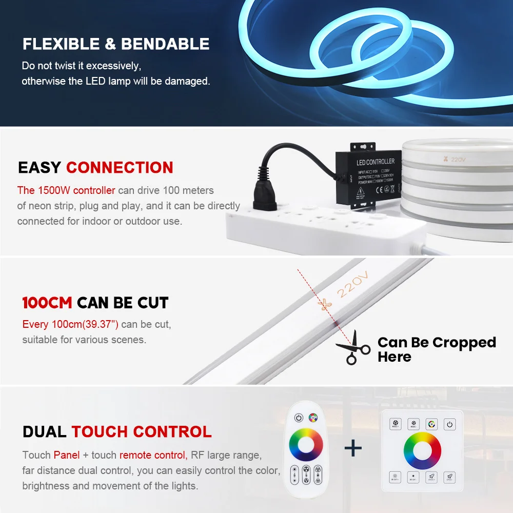 LED RGB Neon Strip Rope Light Wall Touch Switch 220V 110V 24key Remote control Power Kit Flexible Silicone Lamp Waterproof Decor