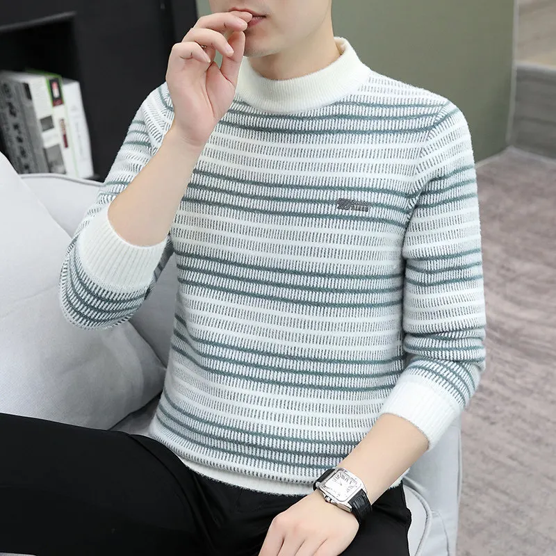 

Мужской осенне-зимний свитер с цветными вставками, на подкладке из искусственного меха, с эластичной вышивкой букв, теплый термотоп, модный.