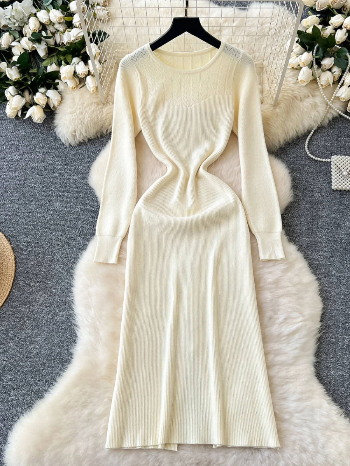 Vestido de Malha F até o Joelho, Modelagem Slim, Cintura Alta, Estilo Vintage, Camada Base de Suéter, Novo Estilo para...