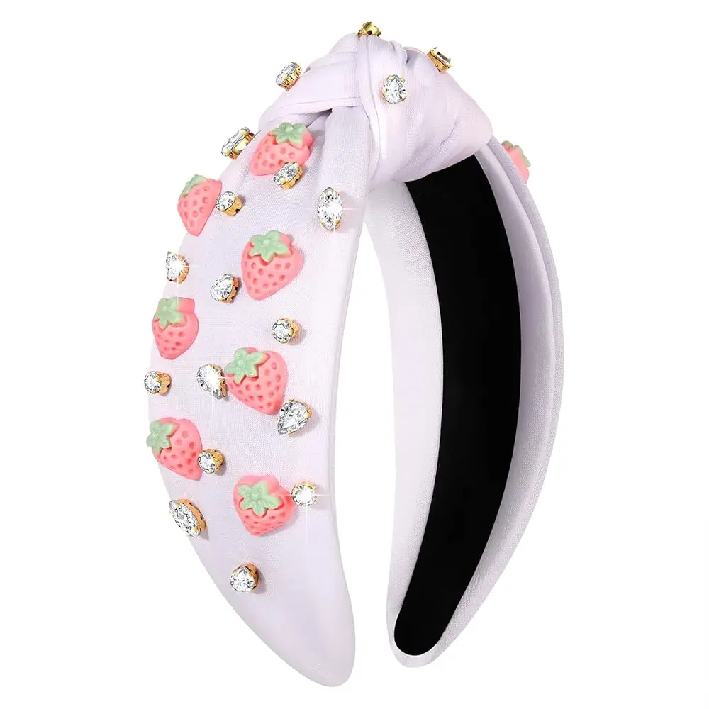 

Free Shipping Strawberry Headband for Women Summer Fruit Headband Tropical Pink Strawberry Knotted Hairband Jeweled Crystal Top