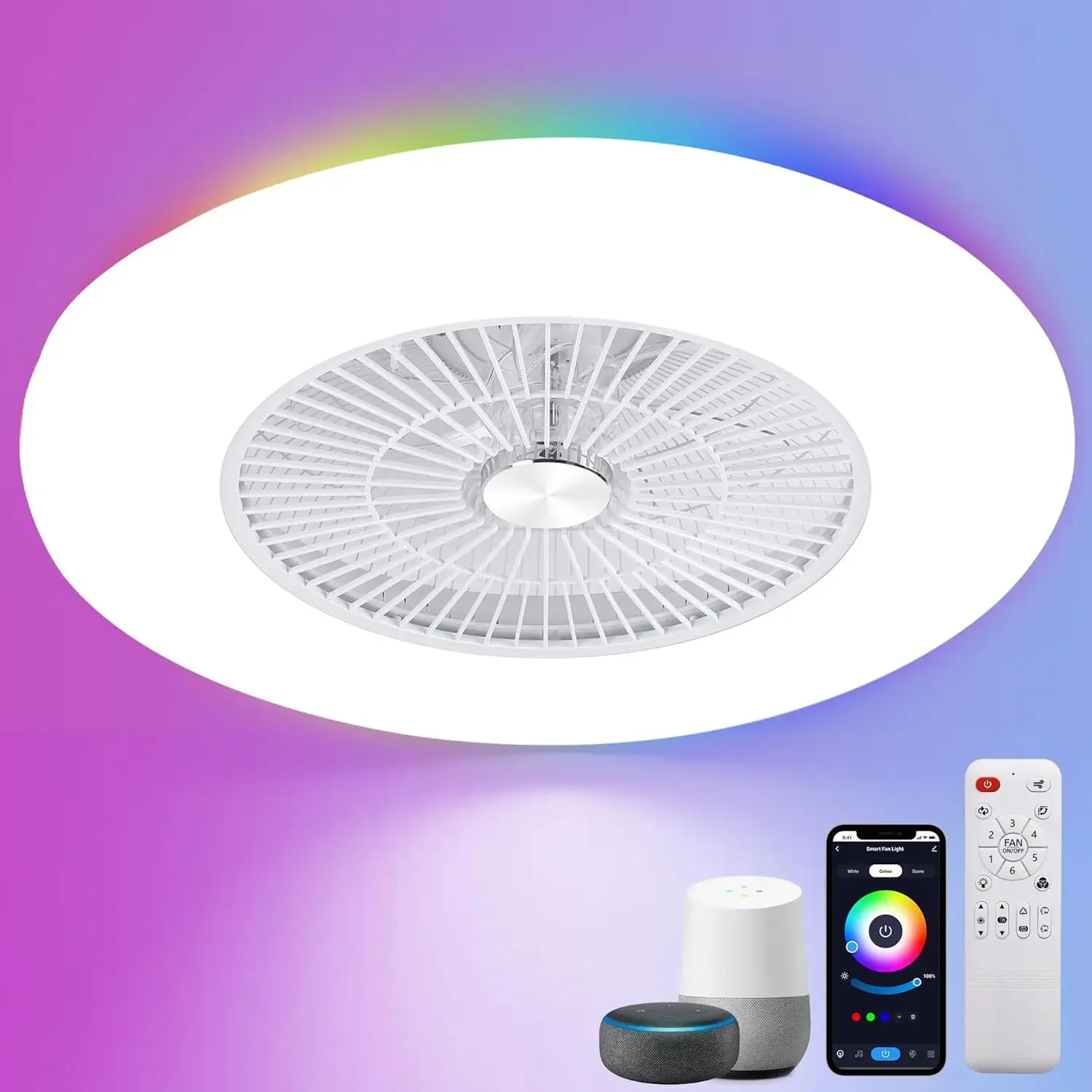 

24-дюймовый безлопастной потолочный вентилятор с RGB-подсветкой, низкопрофильный вентилятор скрытого монтажа с управлением через приложение/пульт/Алекса, 6 скоростей, бесшумный, с регулировкой яркости