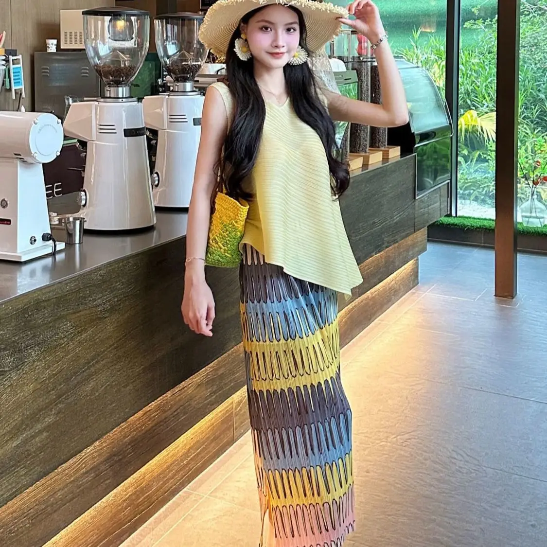 다용도 플리츠 2025 프린트 스커트 여름 신상 기품 있는 디자인 얇은 스플릿 플리츠 스커트 레귤러 핏