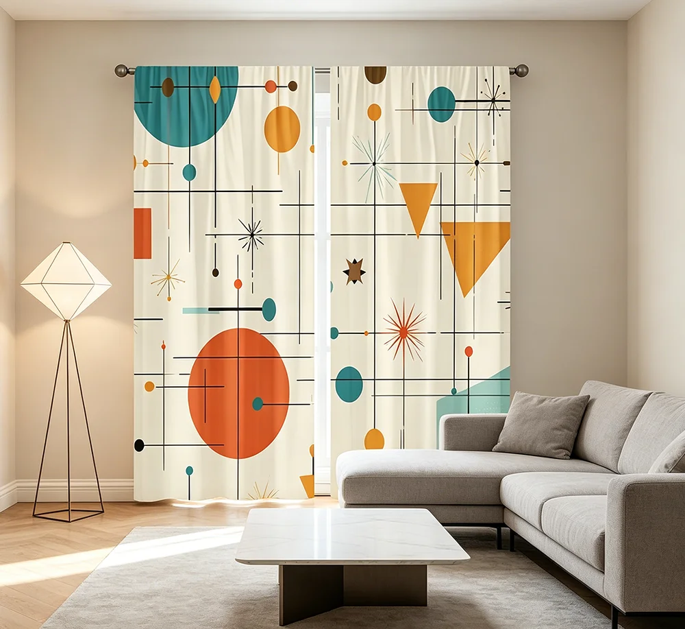 2PCS Digital Printed Curtains, Mid Century Atomic Retro Geometric Pattern, Window Drapes for Living Room Bedroom Home Decoration
