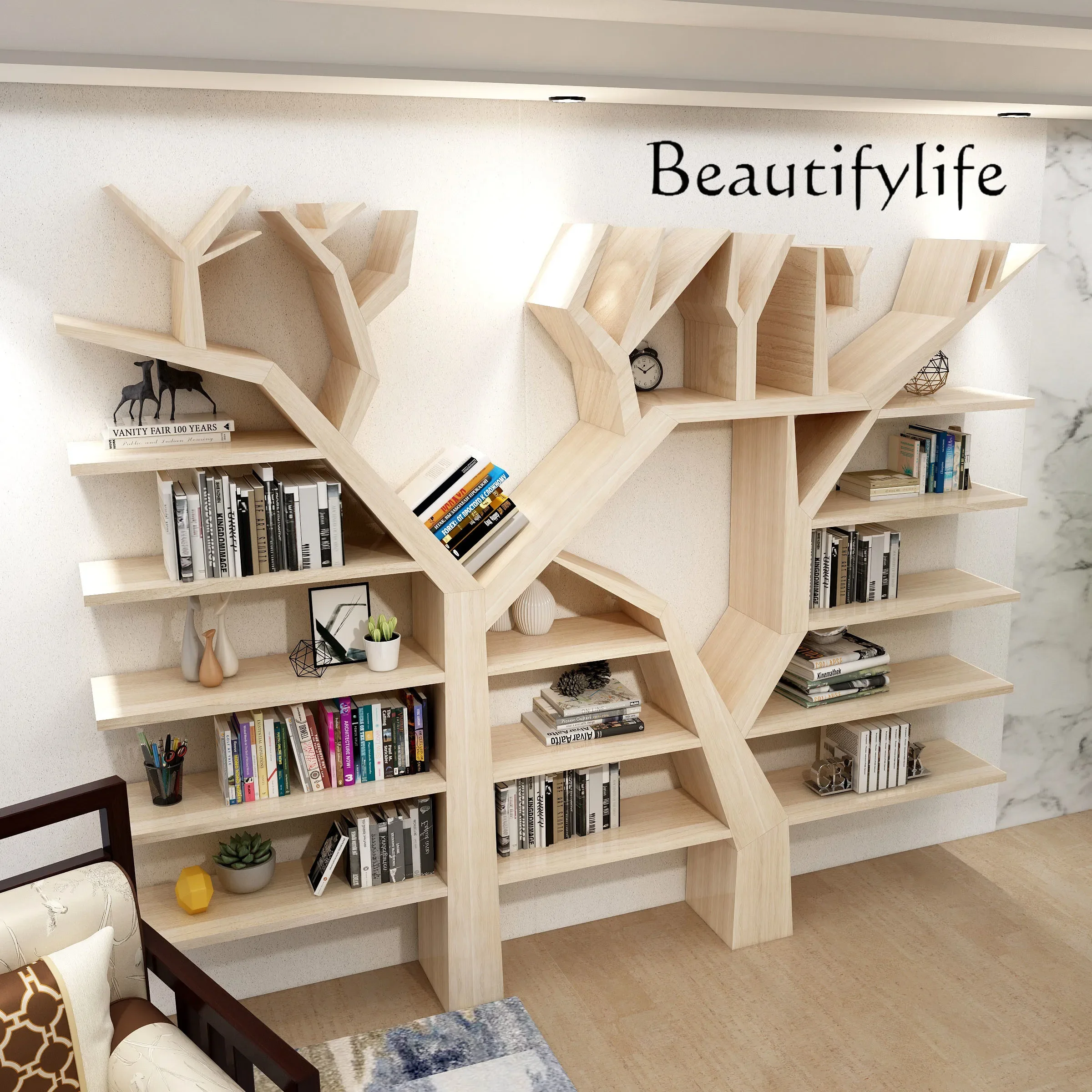 

creative floor trunk bookshelf sofa rear wall multi-layer bookcase Modern tree-shaped solid wood full wall