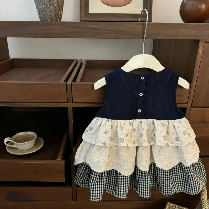 

Forest Style Girls' Sleeveless Vest Dress Children's Floral Plaid Patchwork Cake Dress Baby Dress Layered Dress for Girls