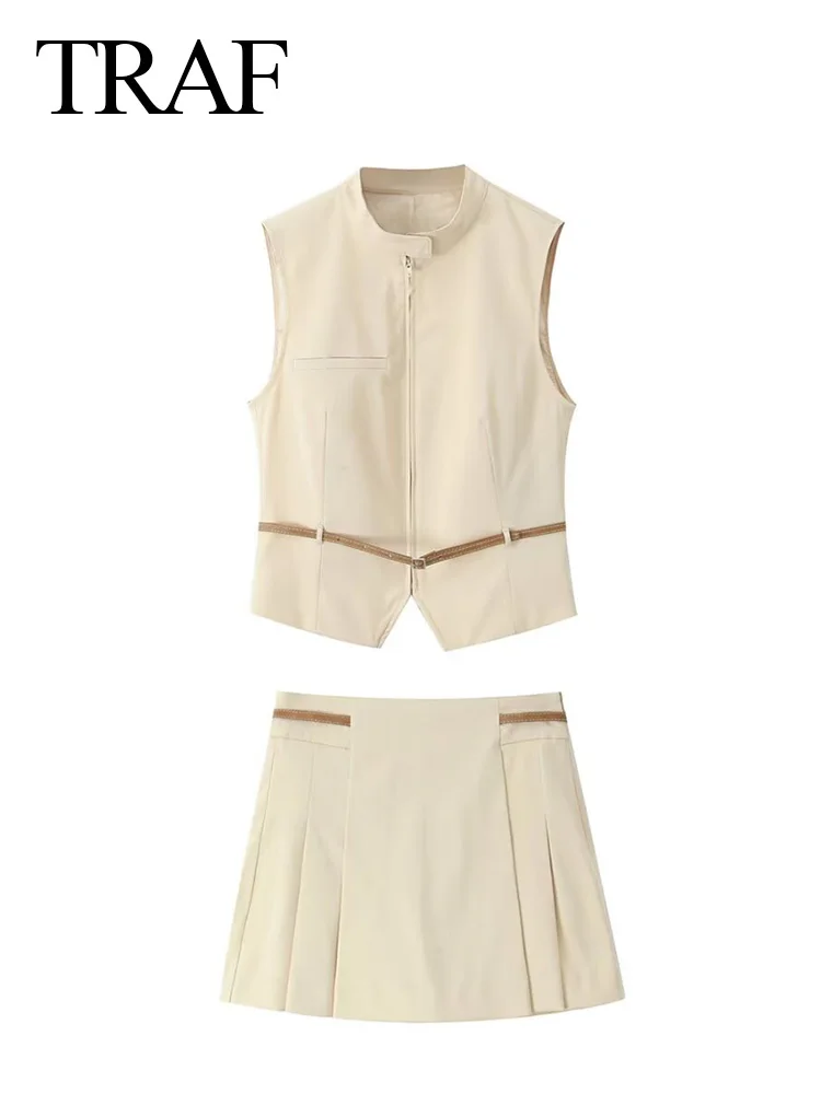 TRAF 2024 Woman Elegant 2 Piece Set Vintage Solid Chic Belt Sleeveless Vest + Female Slim Zipper Mini Wide Pleats Skirt Shorts