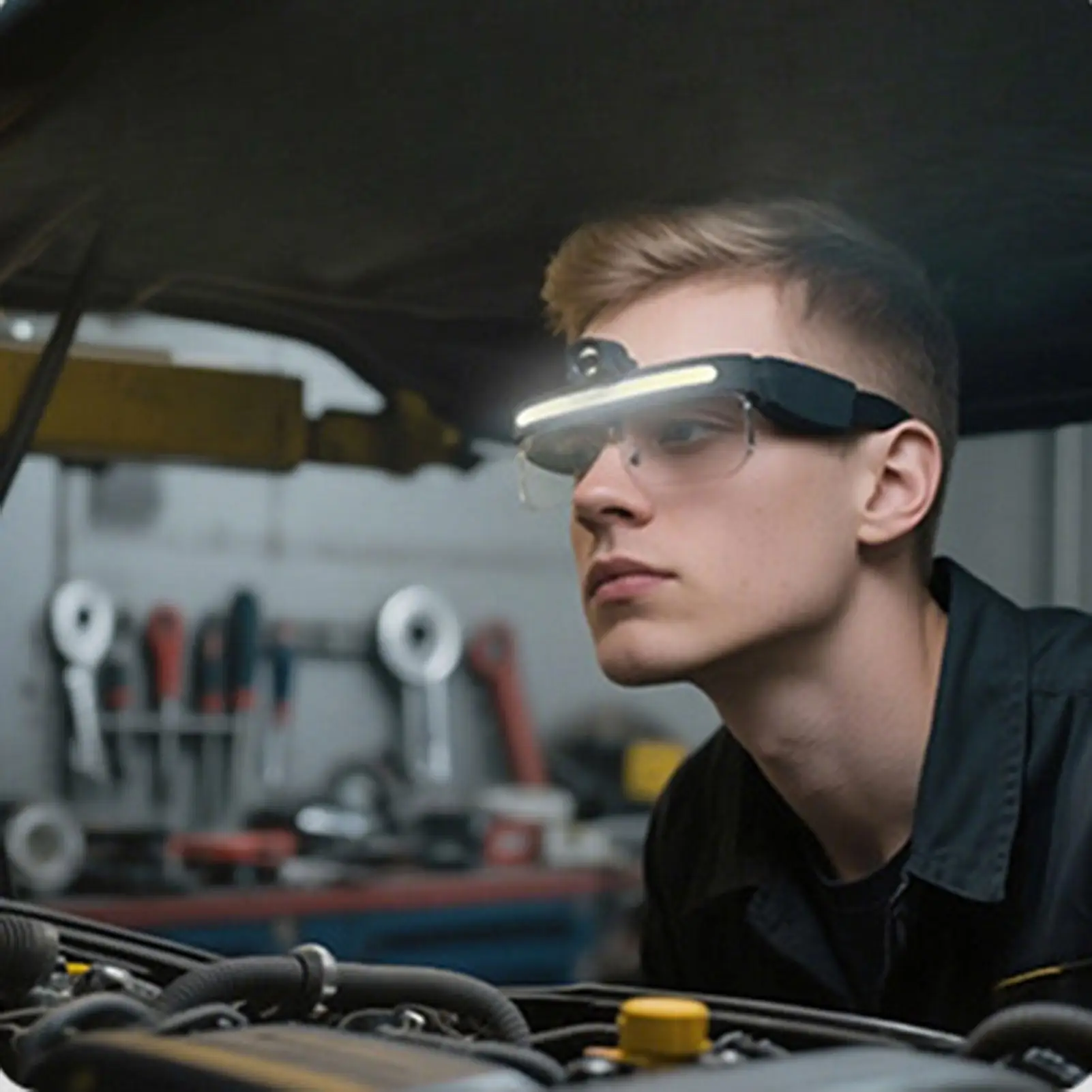 แว่นตานิรภัย LED แบบชาร์จไฟได้ 2 โหมด แว่นตาป้องกัน แว่นตาซ่อมรถยนต์ สำหรับผู้ชาย ผู้หญิง งานก่อสร้าง ห้องปฏิบัติการ ซ่อมรถยนต์