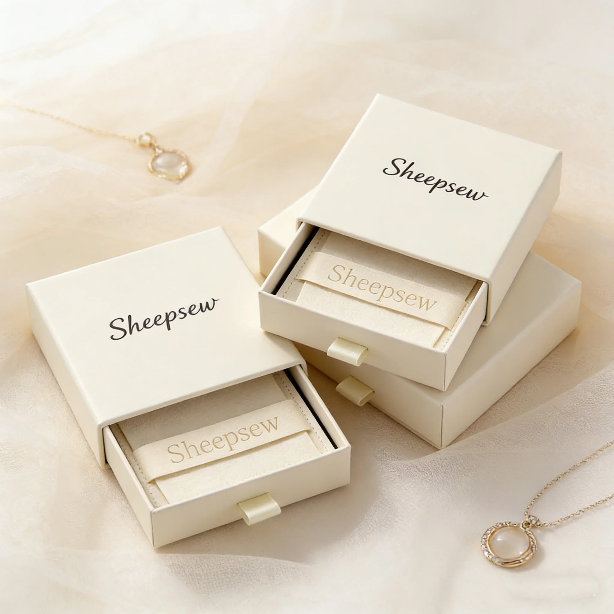 

Набор для упаковки ювелирных изделий с индивидуальным логотипом, 20 шт. - картонная коробка-пенал 9x9x2.5см и мешочек из микрофибры 8x8см для колец