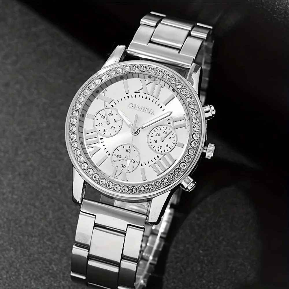 1pc Rhinestone Decor Quartz Watch Casual Roman Numeral Analog Wristwatch & 5pcs Jewelry Set, Gift For Mom/Girlfriend