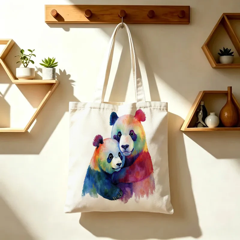 1PC【Tote Bag】Korean-style watercolor gradient panda pattern tote bag，New model with large capacity, lightweight and durabl