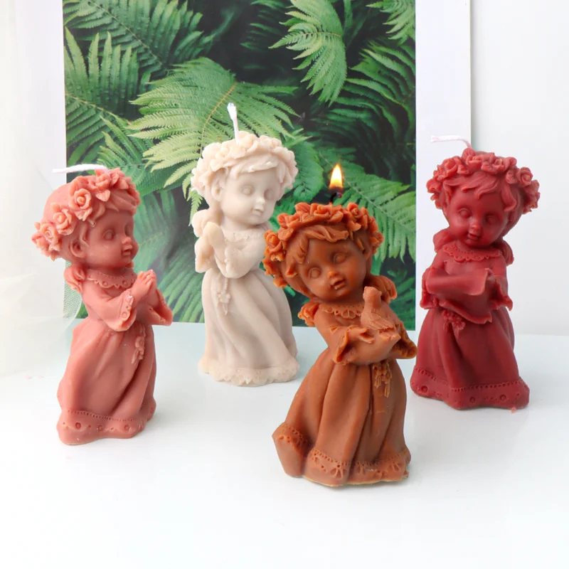 Garland Girl Flower Fairy Silicone Candle Mold Sweety Princess Praying Guardian Angels Fairy of Peace Dove Figurine Craft Mold