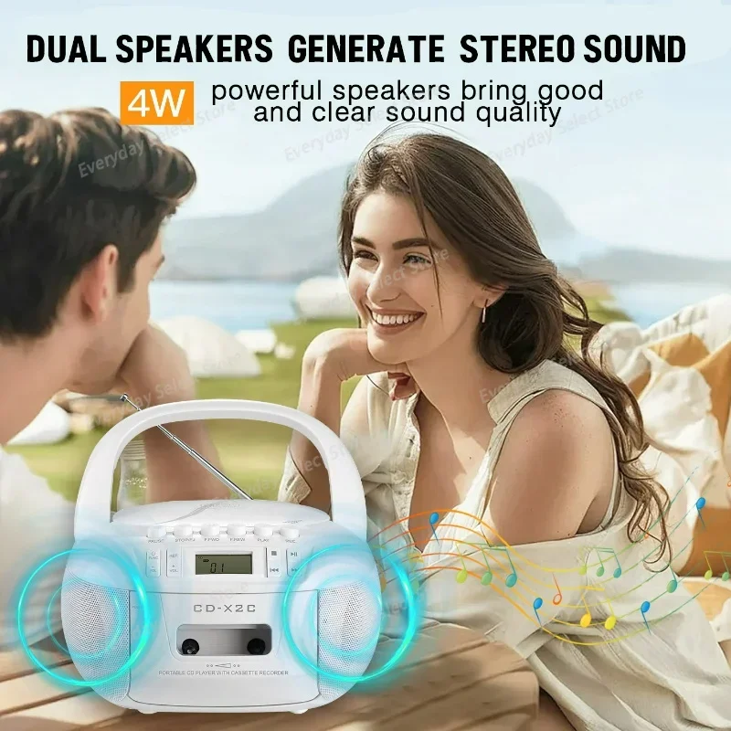 CD Cassette Boombox Combo with Bluetooth and AM FM Radios Portable Cd Tape Recorder with USB,DC AC Powered