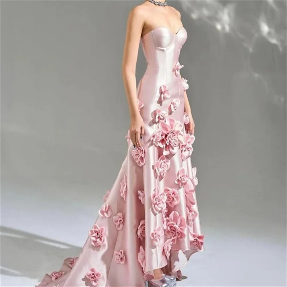 Robe de Soirée en Satin Rose à Fleurs 3D, Tenue de Bal de Forme Sirène, Faite à la Main