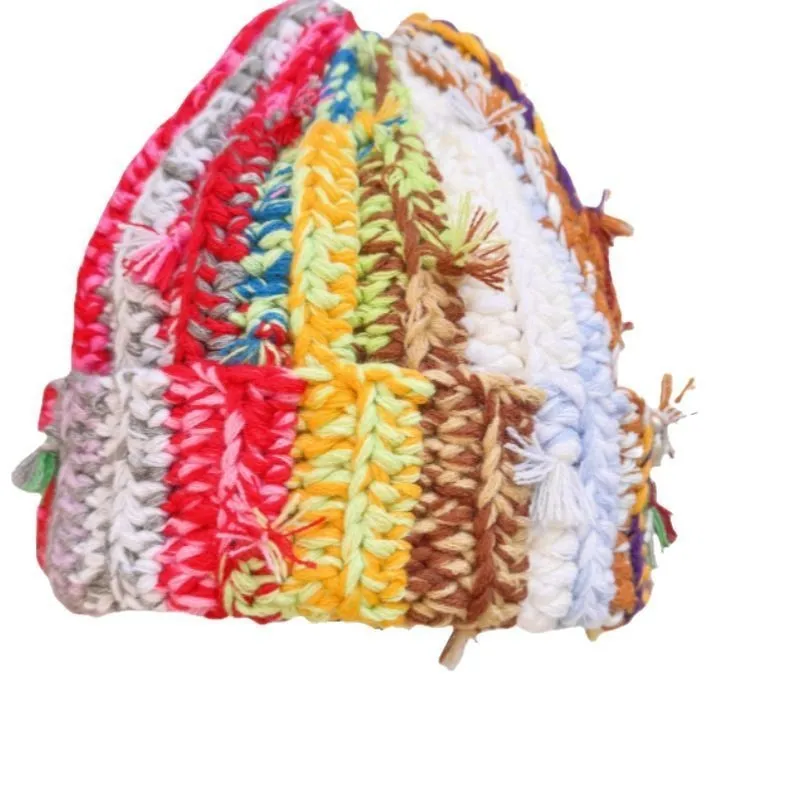 Japanische handgemachte gehäkelte mehrfarbige Pullover-Strickmütze, Wintermode, Ohrenschutz, verdickte warme Beanie-Mützen für Frauen – Detail 6