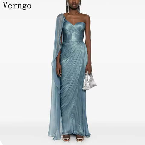 Verngo Blue Chiffon Shiny Evening Dress One Shoulder A Line Slim Prom Gowns Women Elegant Floor Length Party Dress Customized