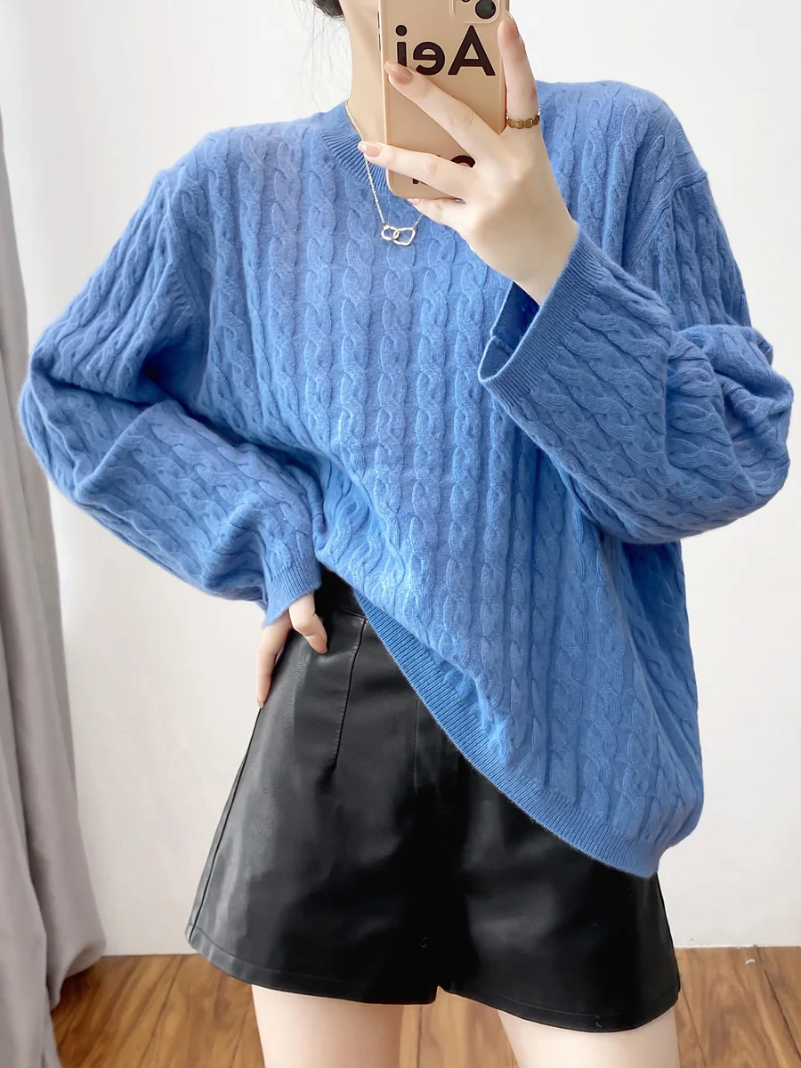 

Женский ленивый мягкий восковый кашемировый свитер с круглым вырезом, короткий толстый свободный вязаный низ на осень-зиму, удобный свободный крой