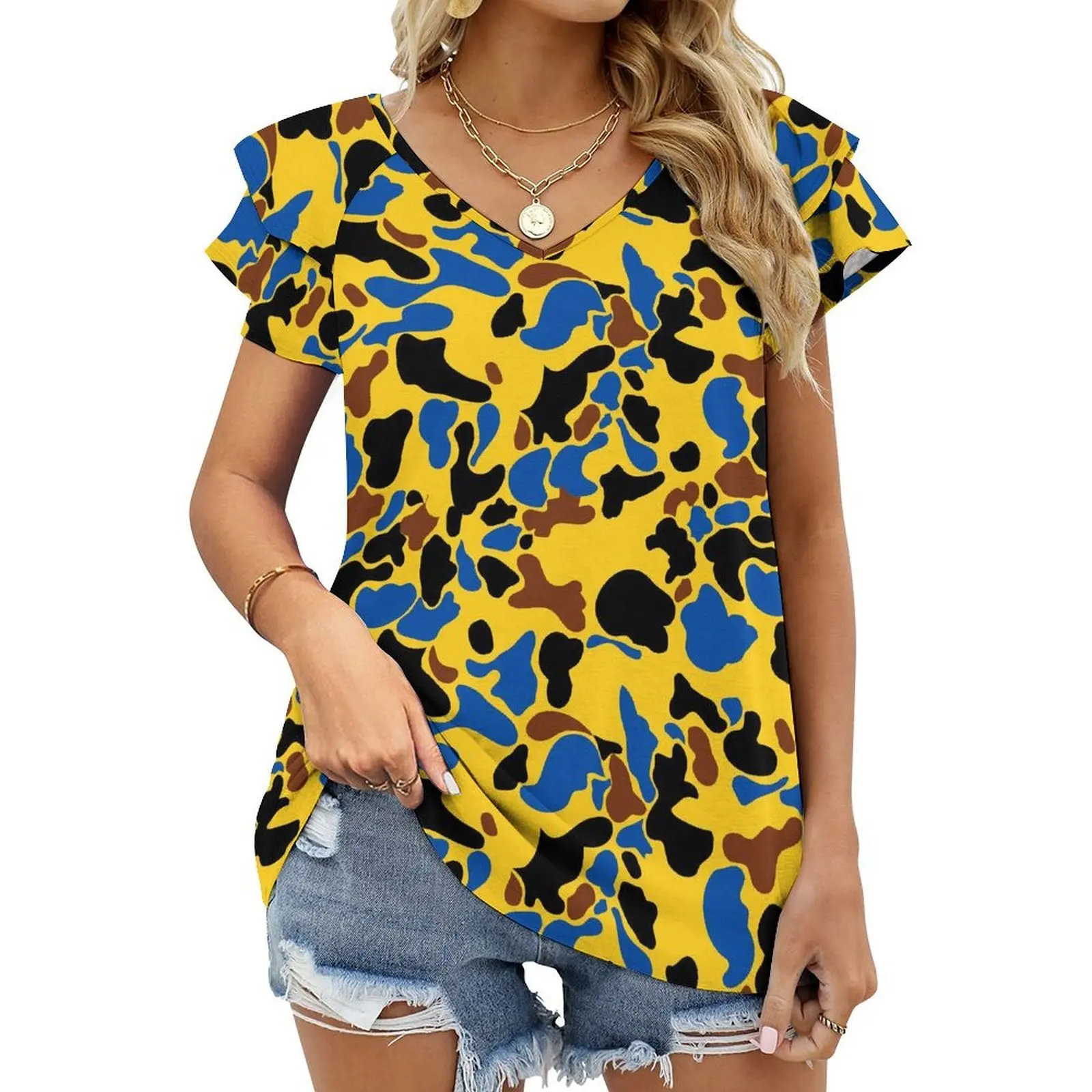 Print on Demand Customized Short Sleeve Top Skirt Neon pink Camo Print Women Blouse V-Neck Shirt Cloud Camo ladies Clothing