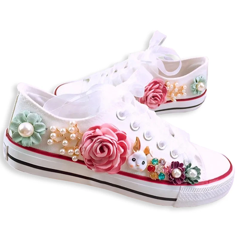 Handmade 3D Flower Girl Low-cut Lace-up Canvas Shoes Women\'s Flat-heeled Shoes Student Wear-resistant Rubber Sports Flat Shoes