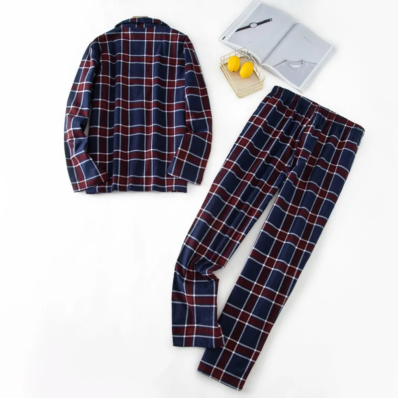 2024 Lente Herfst Heren Casual Geruite Pyjama Sets Mannelijke 100% Katoenen Nachtkleding Pak Heren Lange Mouwen Turn-Down Kraag Huis Kleding