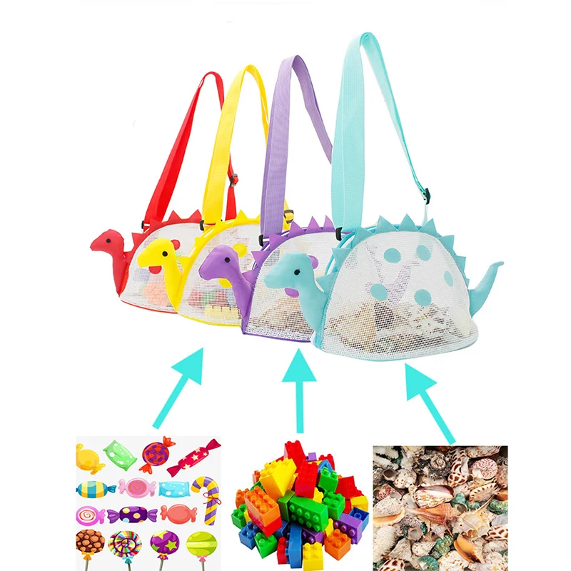 Bolsa de playa de malla colorida para niños, bolso de concha de mar de dinosaurio, bolsa de almacenamiento de juguetes de playa, bolsa de malla pequeña ajustable con cremallera