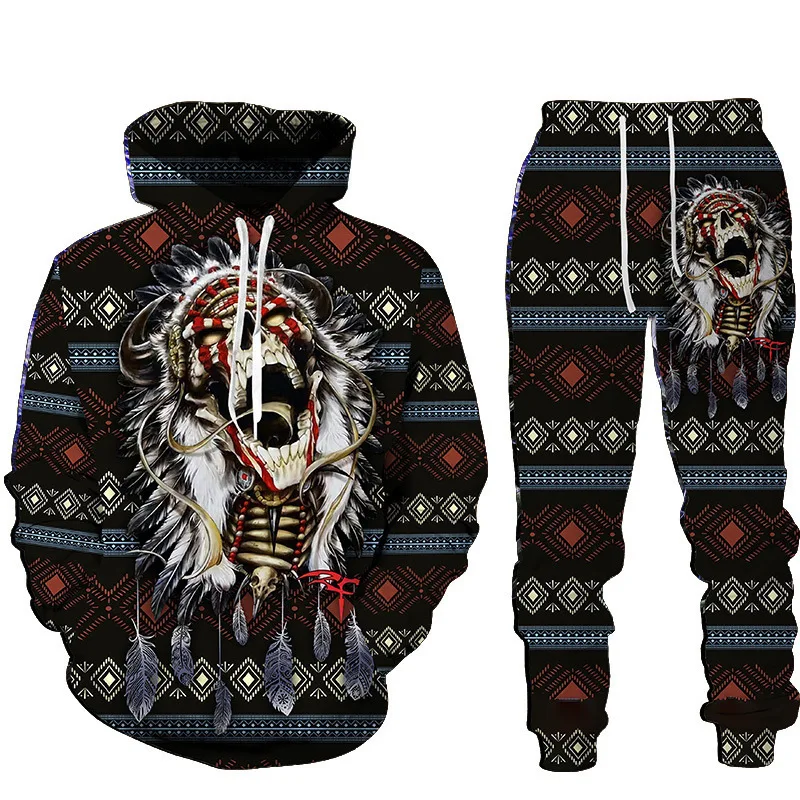 Men's Tracksuit Suit  Terror Skull Graphic Casual Sports 3D Print Pullover Pants 2pcs Autumn Streetwear Oversize Y2k Clothing