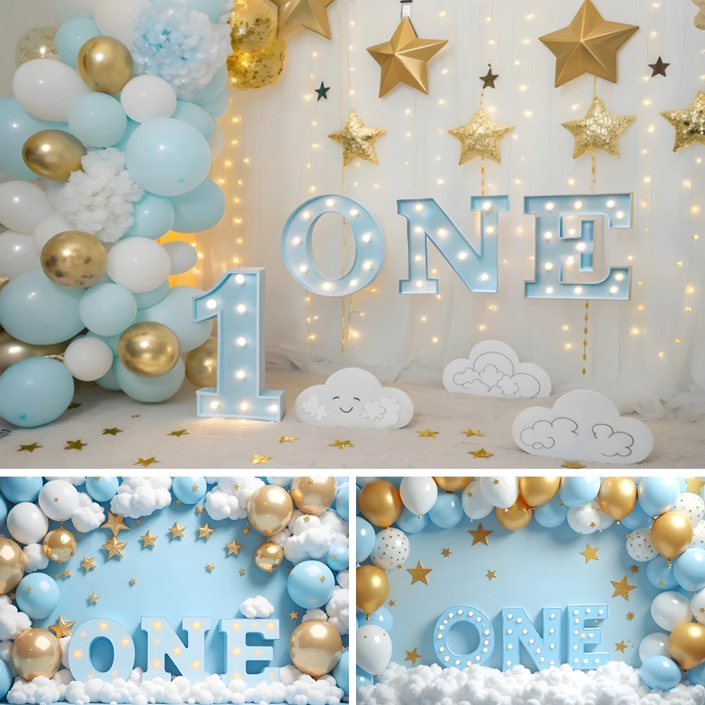 

Blue Baby 1st Birthday Party Photography Background Balloons Stars Boys Girls Baby Shower Portrait Backdrop Photo Booth Props