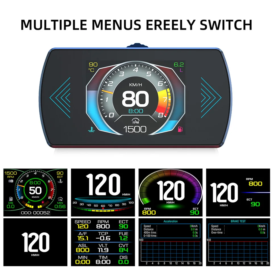 P12 carro obd2 head up display obd hud medidor de carro inteligente digital temperatura da água tensão velocidade combustível leitura código falha unidade computador