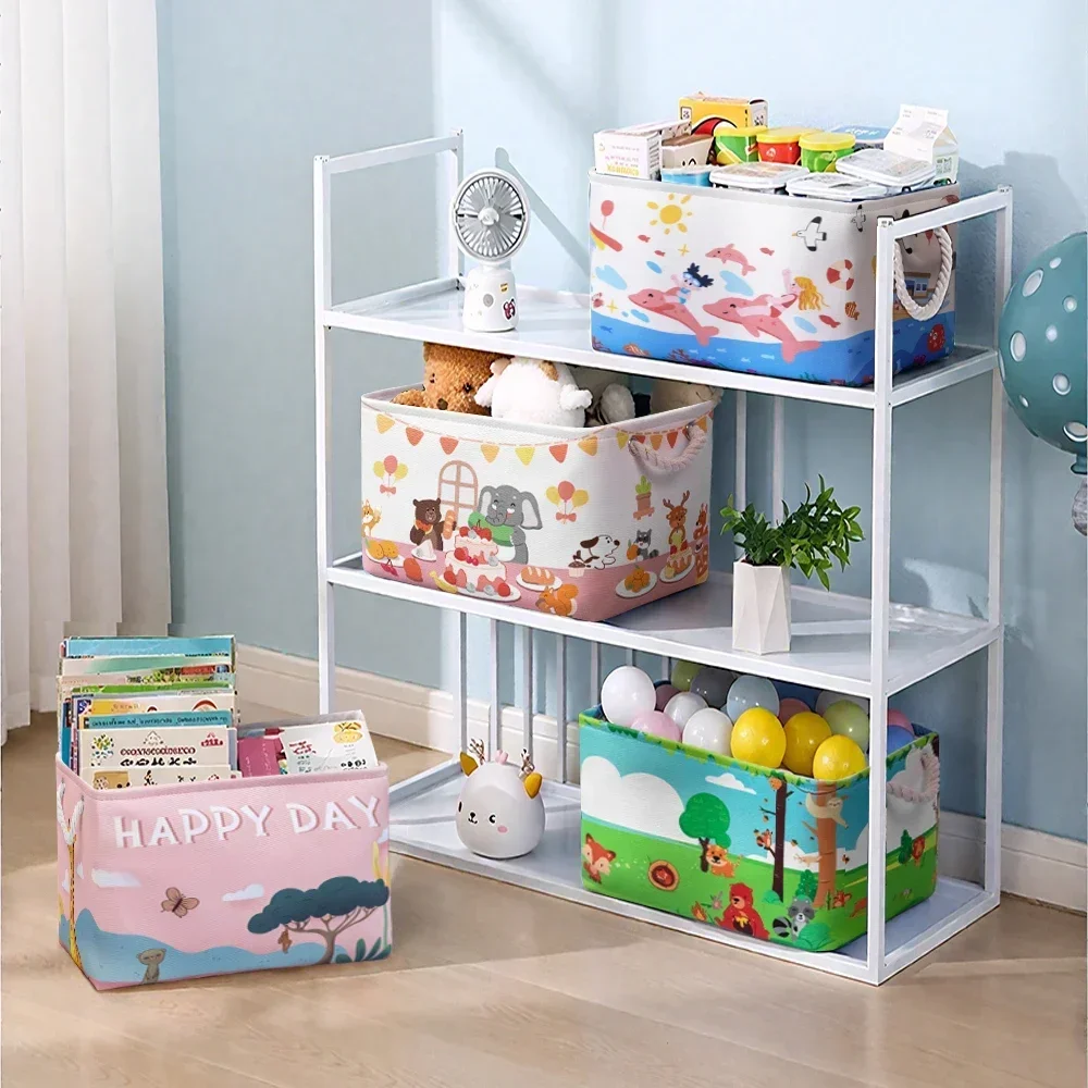 1/2PCS Collapsible Cartoon Storage Basket Large Capacity Storage Basket with Handle Foldable Storage Bin for Nursery Playroom