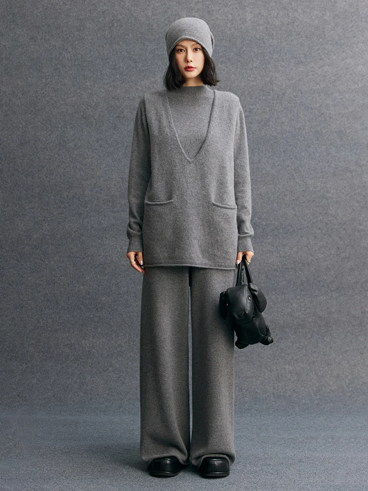 Женские трикотажные брюки из 100% кашемира, толстые плиссированные широкие брюки, осень-зима, повседневные кашемировые трикотажные брюки в простом стиле