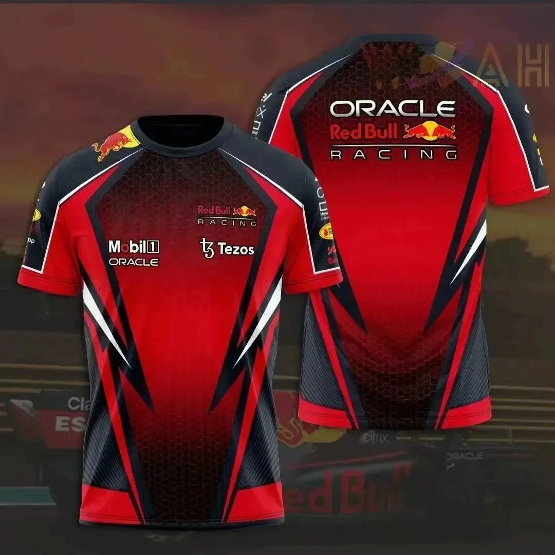 Red Bull Racing Oracle Replica Racing Suit, Summer Men's Red & Black Breathable Short-Sleeve T-Shirt, Loose Fit Crew Neck