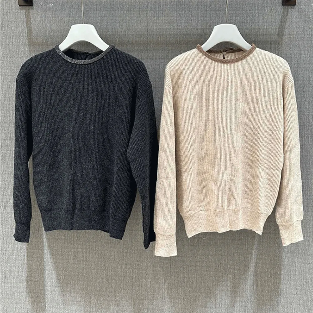 100% Cashmere Sweater Fall Winter Women Beaded O-Neck Knitted  Sweater Female Long Sleeve Pullover