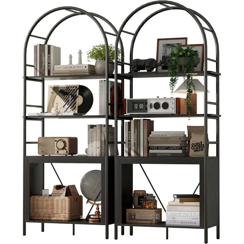 

5-уровневый арочный книжный шкаф середины века, органайзер для хранения в черном металлическом каркасе для гостиной, офиса или библиотеки