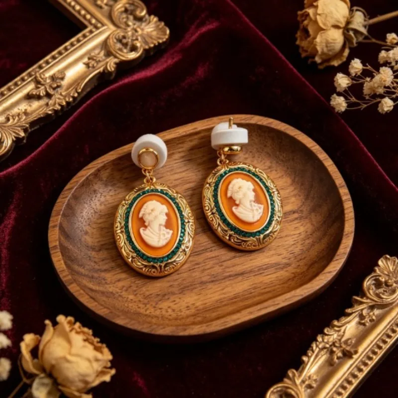 Vintage Relief Portrait Stud Earrings, Natural Stone Cat's Eye Unique High End Retro Women Ear Jewelry