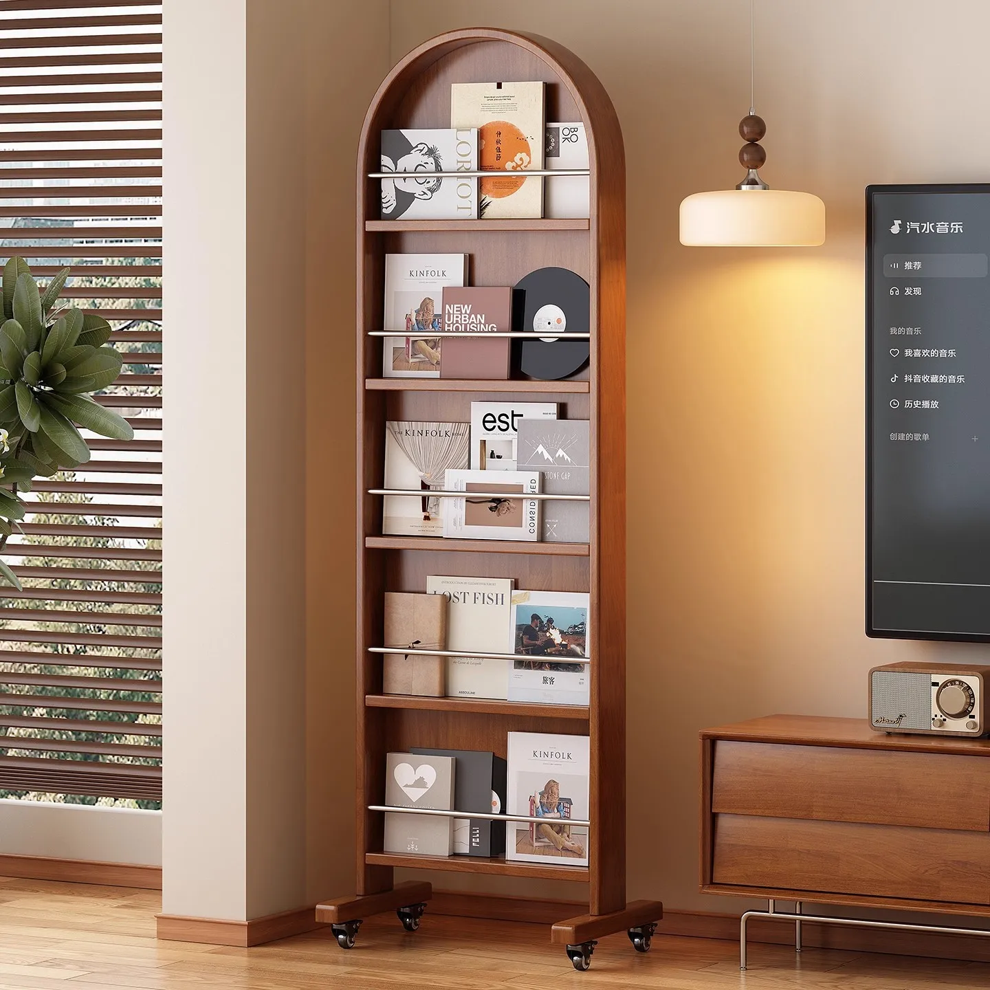 Floor-to-ceiling solid wood full-length mirror retro home removable rotating magazine bookshelf storage integrated
