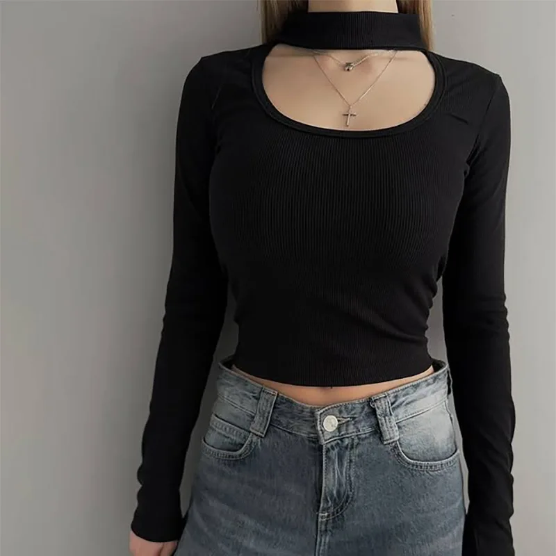 Whisper Lumi T shirt women 2026  design sense hollowed-out U-neck low-cut long-sleeved T-shirt Slim top tshirt women's clothing