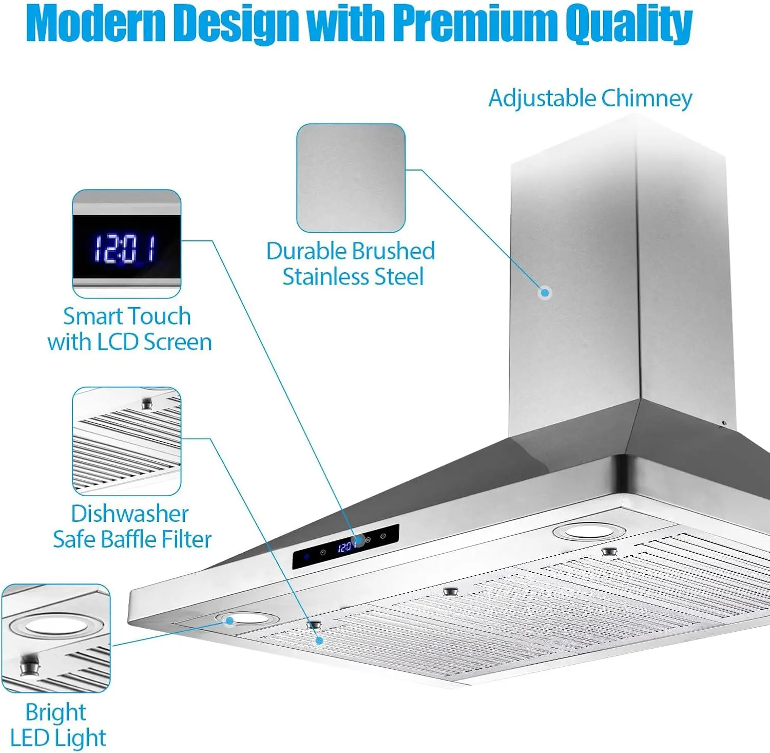 Afzuigkap 36 Inch Muurbevestiging Keukenkap 700 Cfm Met Ducted/Ductless Converteerbaar Kanaal, Aanraakbediening, Permanente Filters