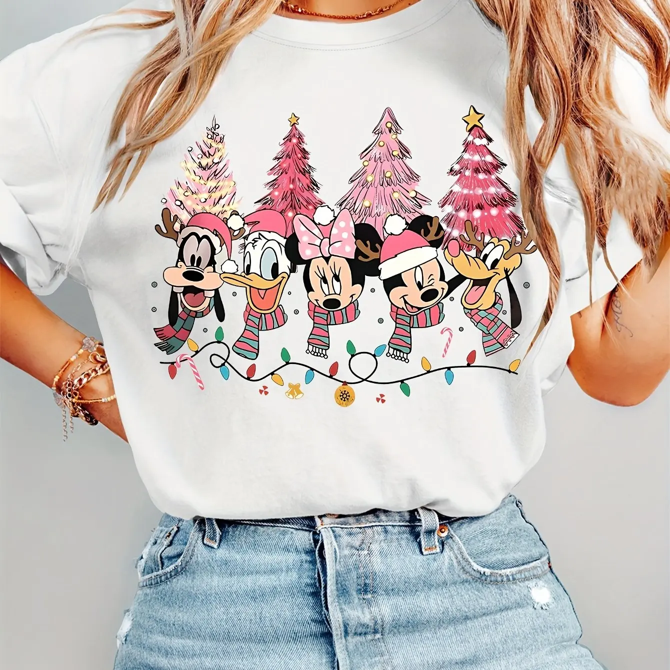 Disney Mickey Mouse Christmas T-Shirt Cotton Men's Women  Casual Trendy Oversized Loose Short Sleeve Unisex Event Outfit