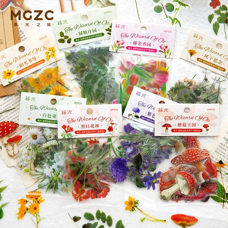 40 Pcs Green Plants Stickers Vintage Flowers Butterfly Mushroom Transparent Waterproof Stickers Set For Scrapbooking Supplies