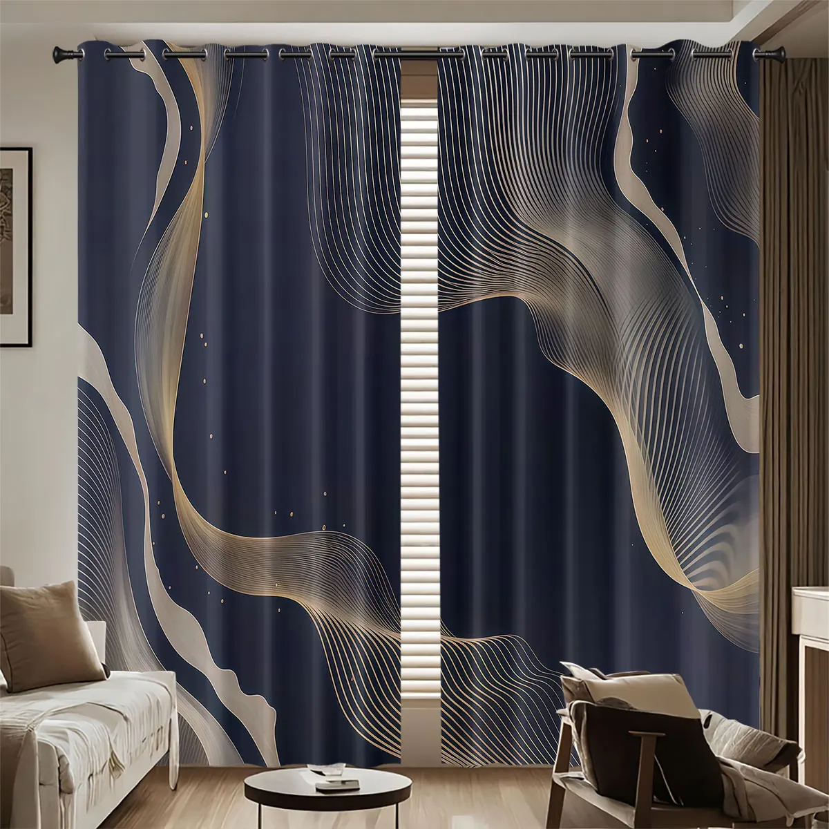 2pcs Abstract Line Printed Perforated Blackout Curtains, Multiple Sizes For Living Room And Bedroom Insulation Decoration