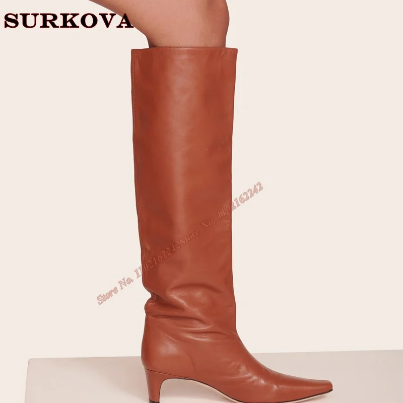 Brick Red Low Heel Knee-High Boots Winter Warm Pleated Fashion Boots Versatile Casual Comfortable Long Boots Women'S Large Size