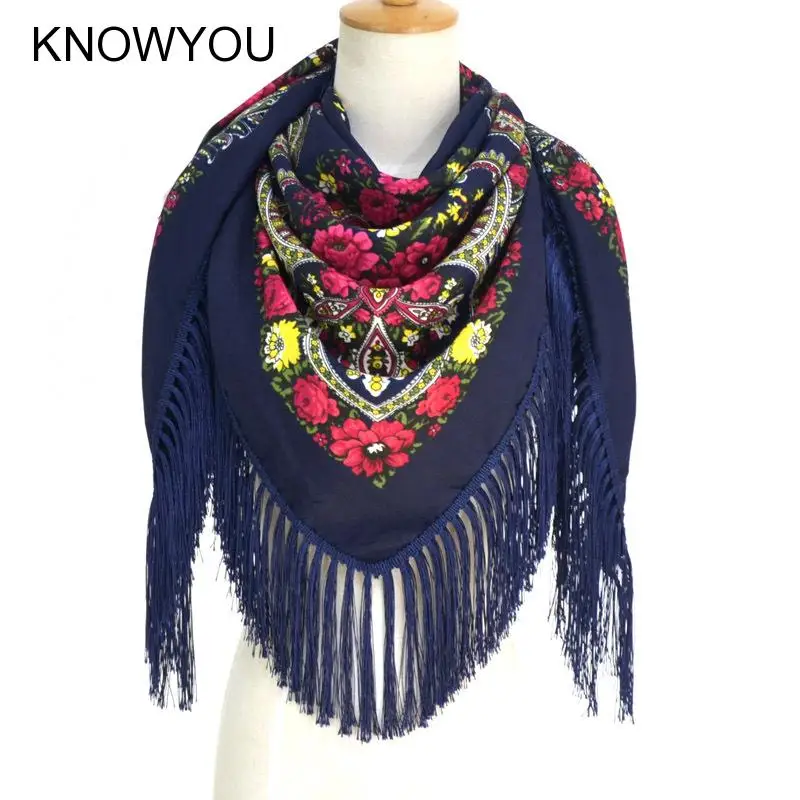 Russian Ethic Style Scarf Plus Size 135*135Cm Square Pashmina Women Retro Print Floral Wrap and Shawls Fringe Mujer Bufanda