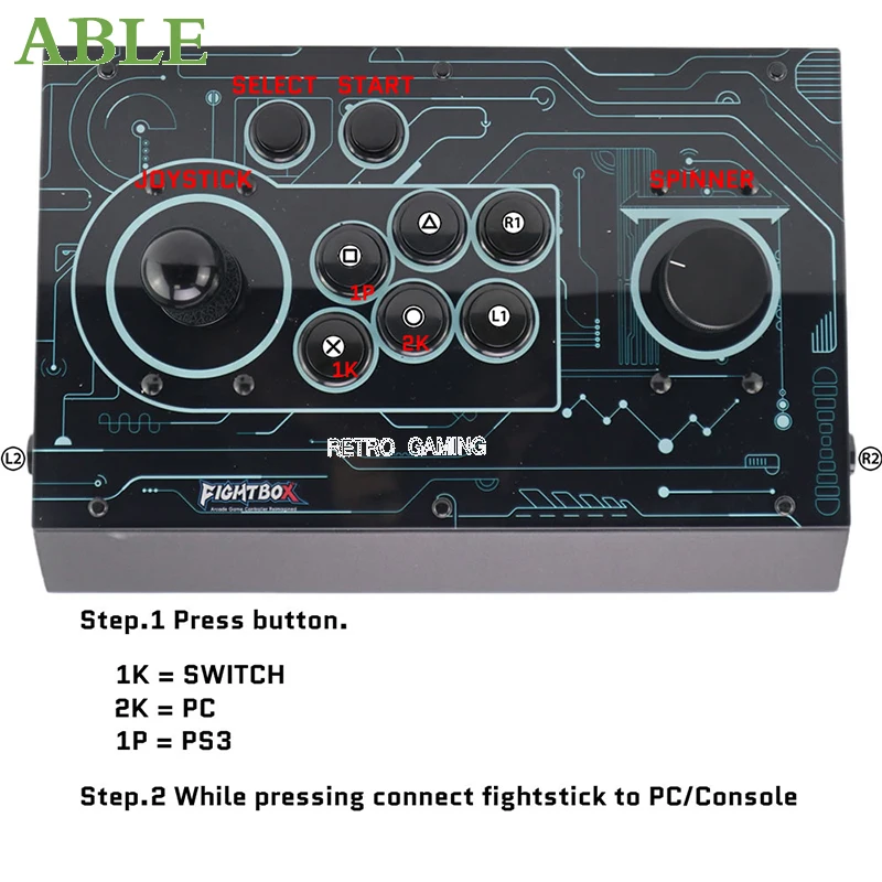 FightBox R9 Arcade Joystick with Rotary Spinner Retro Gaming Controller Zero Delay Programmable Buttons Metal Shell for PC