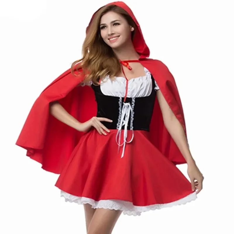 Disfraz de Caperucita Roja para Mujer, Vestido Corto con Capa Roja, Disfraz de Cuento de Hadas para Halloween