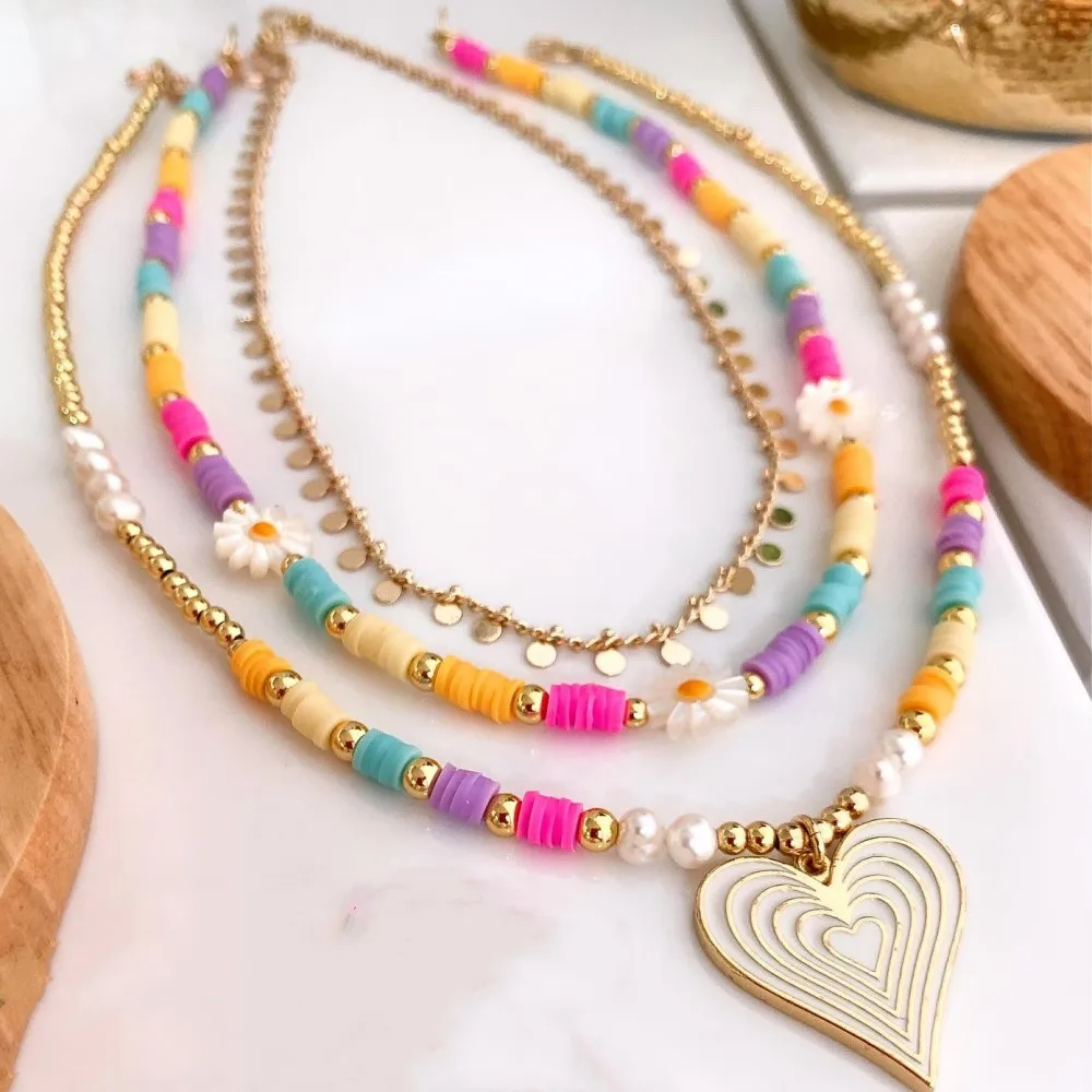 KKBEAD Stacking Heart Pendant Necklace for Women Gift Boho Jewelry Colorful Heishi Natural Pearl Beaded Necklaces Daisy Choker