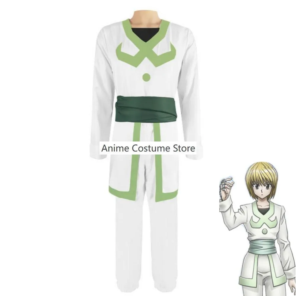 Disfraz de Anime hunter× Hunter Kurapika para hombre y mujer, conjunto completo de uniforme con estampado blanco, peluca Phantom troupé, traje de fiesta de Halloween