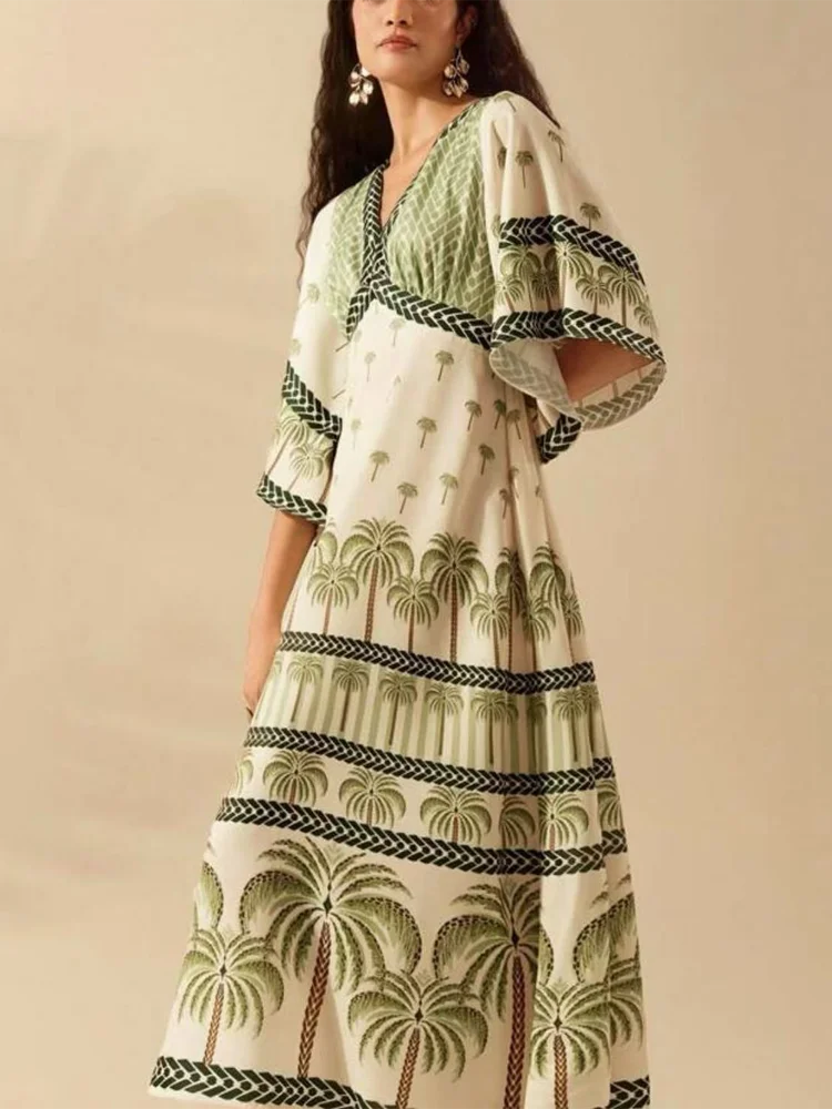 Vintage Deep V Coconut Tree Print Lady Chic Evening Gown Woman Summer Flare Sleeve Temperament Commute Holiday A-line Maxi Dress