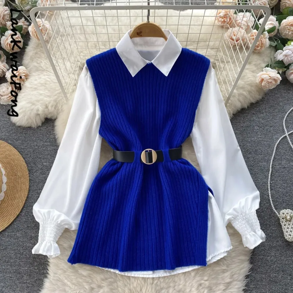 2024 Light Luxury Ladies Dress Set Women's Loose Long-sleeved White Shirt Top + Slit Knitted Vest Vest Two-piece Set