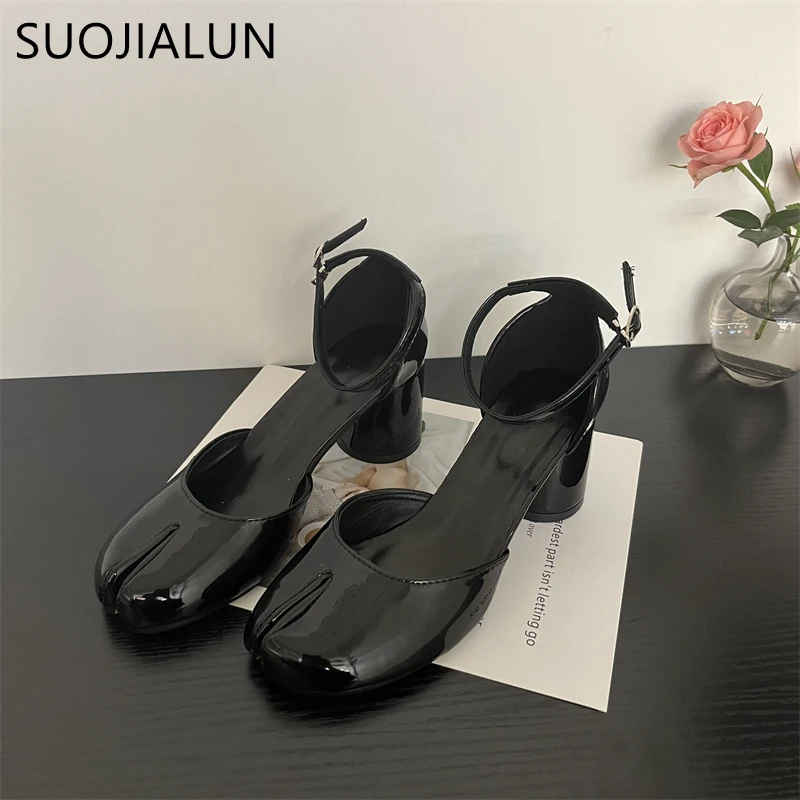 SUOJIALUN 2023 Summer New Women Women Sandal Fashion Split Toe Shallow Ladies Slingback Shoes Round Med Heel Dress Pumps Shoes