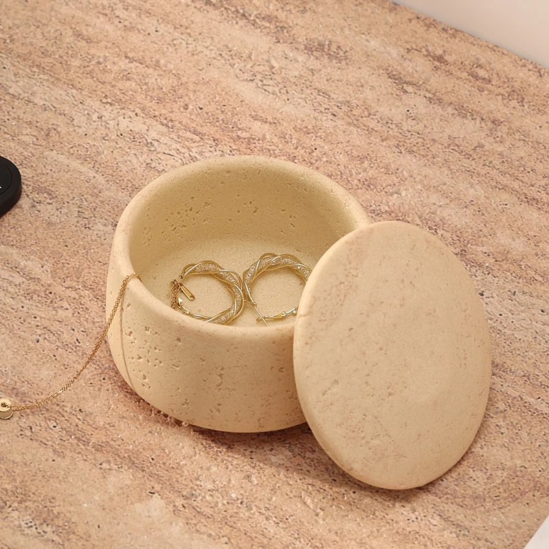 Beige Limestone Jewelry Key Storage Jar, Bathroom Decoration Aromatherapy Diffuser, Vintage Cave Stone Desktop Storage Box