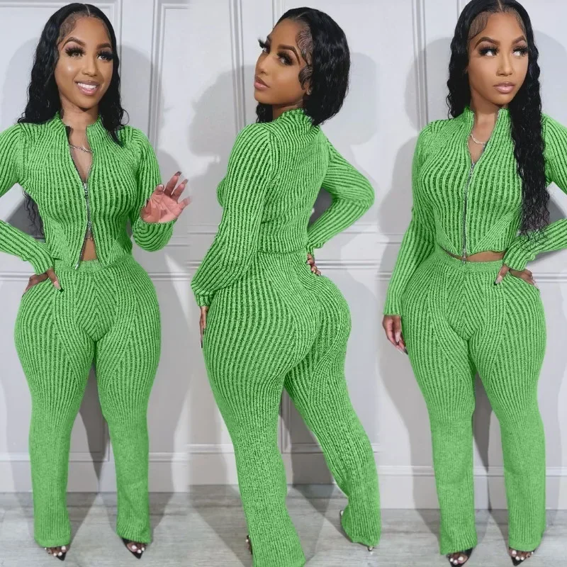 

GUWU Street Knit Sweater Women's Set Zipper Crop Tops and Long Pants Elegant Autumn Tracksuit Two Piece Set Sweatsuit Outfits